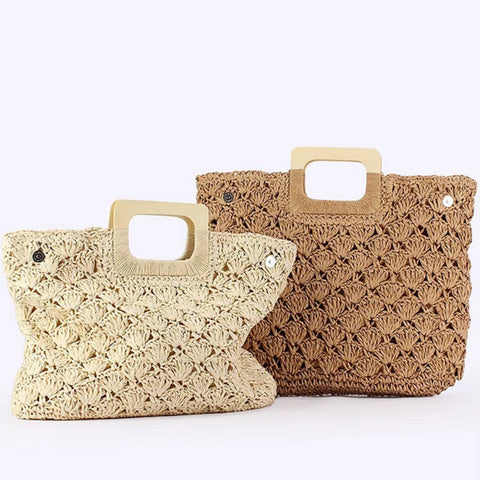 New Fashion solid color large capacity with a wooden handle straw bag CODE: KAR4509