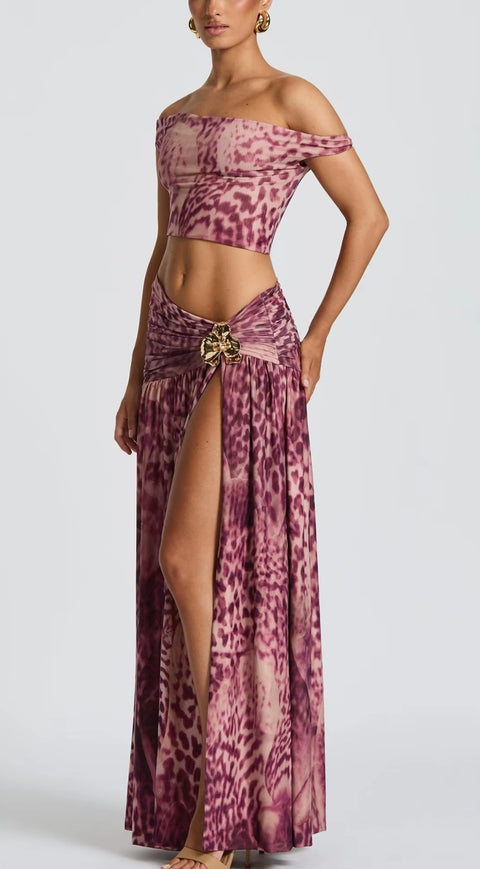 New Printed Sexy Off-Shoulder Crop Top And Split Skirt 2 Pieces Set CODE: KAR4511