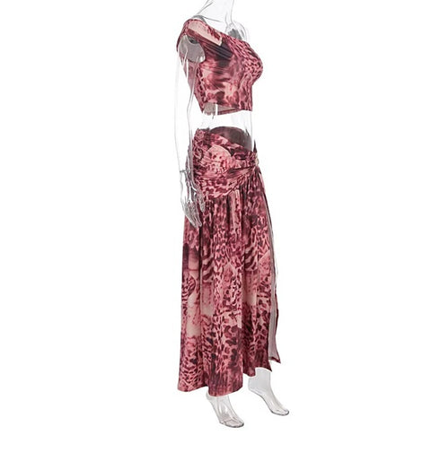 New Printed Sexy Off-Shoulder Crop Top And Split Skirt 2 Pieces Set CODE: KAR4511