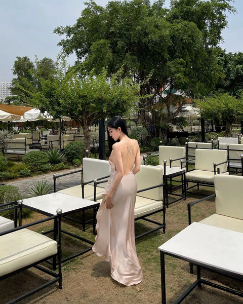 New Fashion Elegant Satin Deep V-neck Long Dress CODE: KAR4515