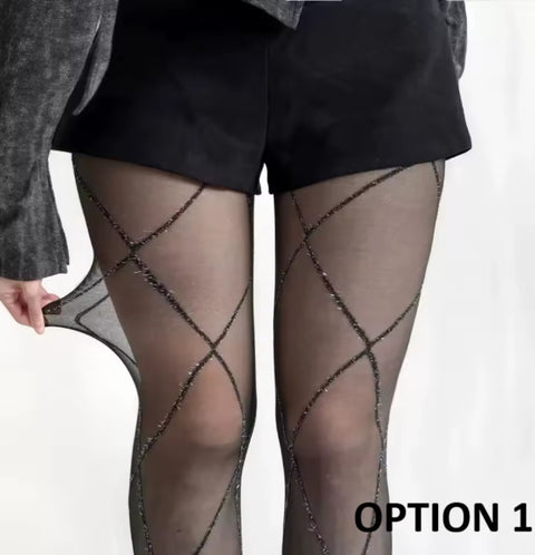 New Retro Cross Grid Stockings with Glitter Line Silver Silk Tights CODE: KAR4529