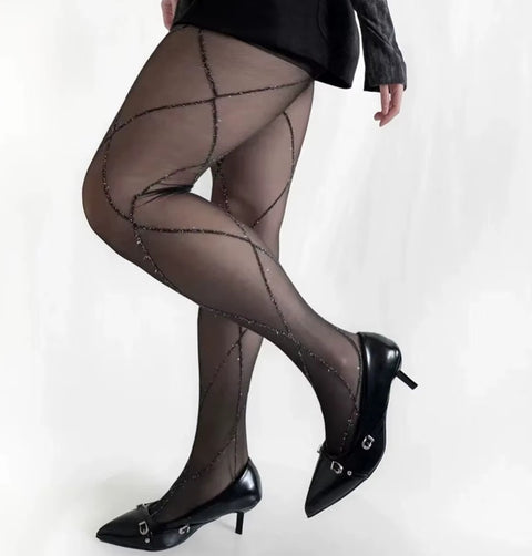 New Retro Cross Grid Stockings with Glitter Line Silver Silk Tights CODE: KAR4529