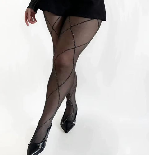 New Retro Cross Grid Stockings with Glitter Line Silver Silk Tights CODE: KAR4529
