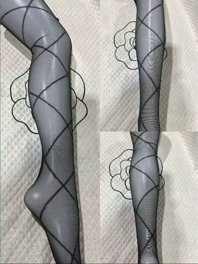 New Retro Cross Grid Stockings with Glitter Line Silver Silk Tights CODE: KAR4529