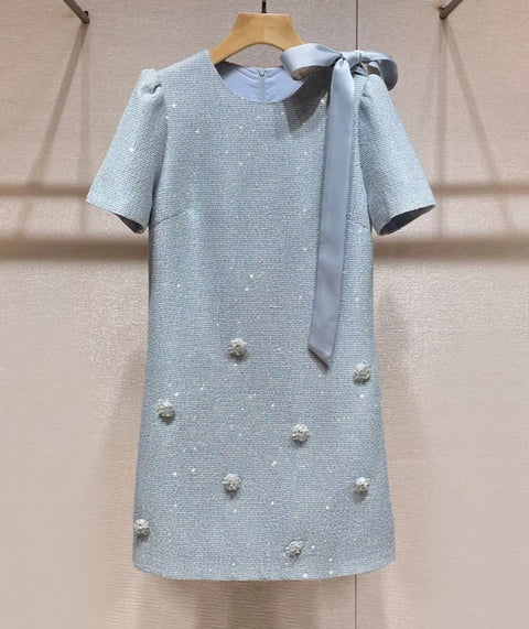 New Bow Tie Beaded Short Sleeve Loose Mini Dress CODE: KAR4539