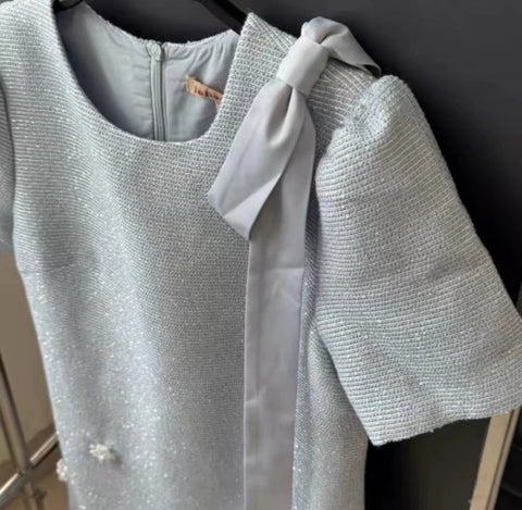 New Bow Tie Beaded Short Sleeve Loose Mini Dress CODE: KAR4539