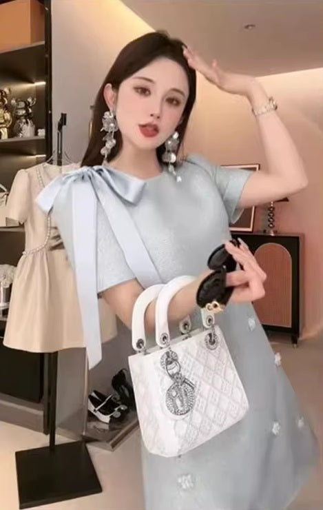 New Bow Tie Beaded Short Sleeve Loose Mini Dress CODE: KAR4539