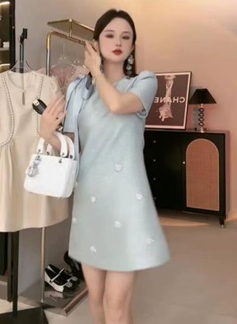 New Bow Tie Beaded Short Sleeve Loose Mini Dress CODE: KAR4539