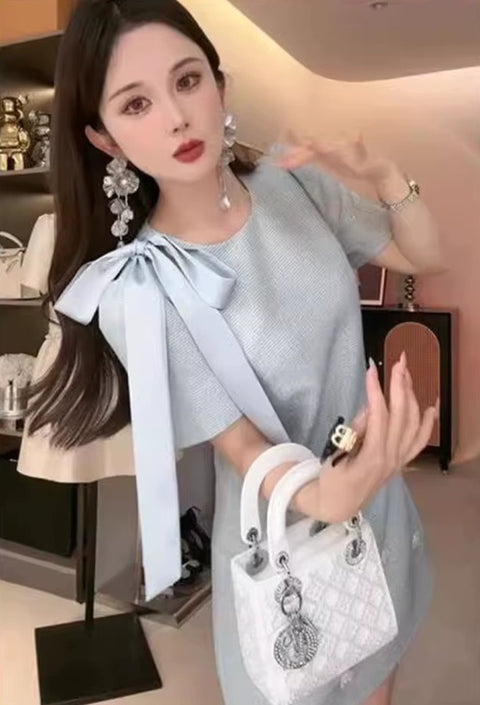 New Bow Tie Beaded Short Sleeve Loose Mini Dress CODE: KAR4539