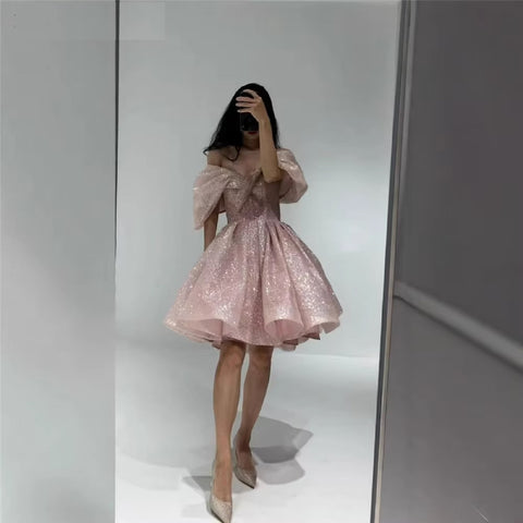 New Tulle Off the Shoulder Pleat Lace up Sparkly Mini Dress CODE: KAR4554