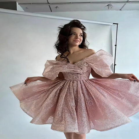 New Tulle Off the Shoulder Pleat Lace up Sparkly Mini Dress CODE: KAR4554