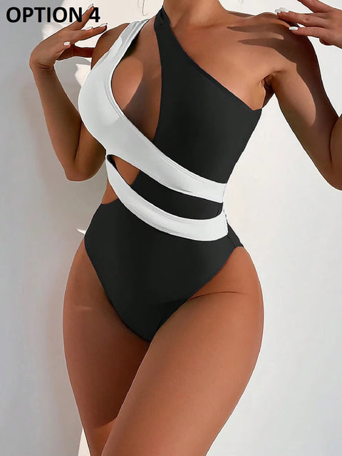 New Patchwork One Shoulder Hollow Out Swimwear CODE: KAR4571