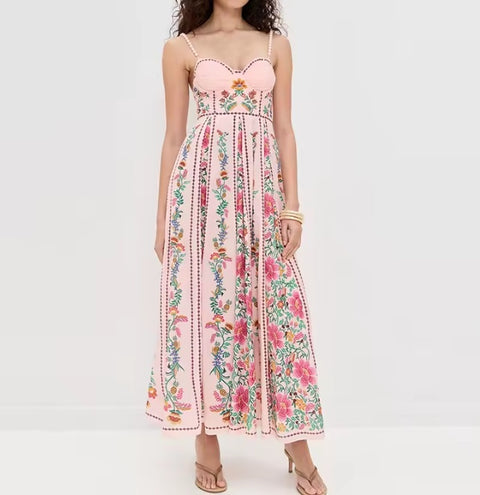 New High Waist Pleat Floral Printed Backless Long Dress CODE: KAR4580