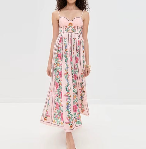 New High Waist Pleat Floral Printed Backless Long Dress CODE: KAR4580