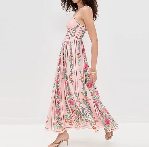 New High Waist Pleat Floral Printed Backless Long Dress CODE: KAR4580