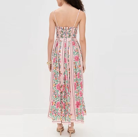 New High Waist Pleat Floral Printed Backless Long Dress CODE: KAR4580