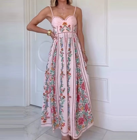 New High Waist Pleat Floral Printed Backless Long Dress CODE: KAR4580