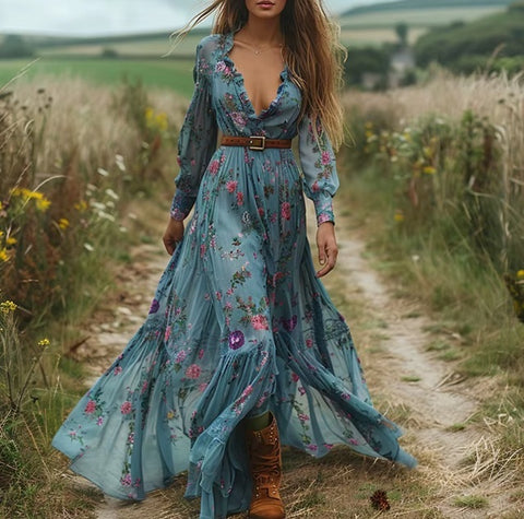 New V Neck Spring Fall With No Belt Long Maxi Dress CODE: KAR4581