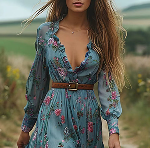 New V Neck Spring Fall With No Belt Long Maxi Dress CODE: KAR4581