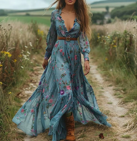 New V Neck Spring Fall With No Belt Long Maxi Dress CODE: KAR4581