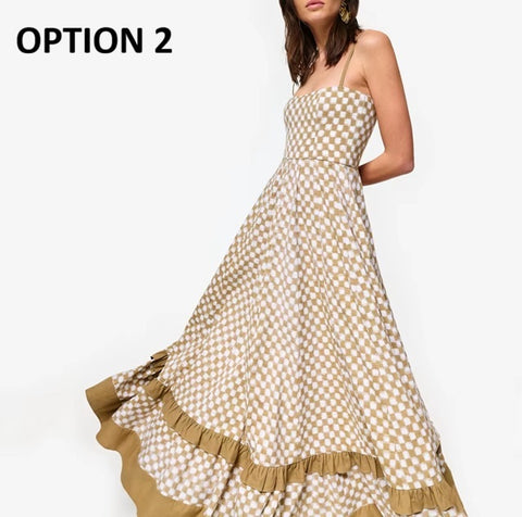 New board Print Ruffles Trim Flowy Strap Maxi Long Dress CODE: KAR4583