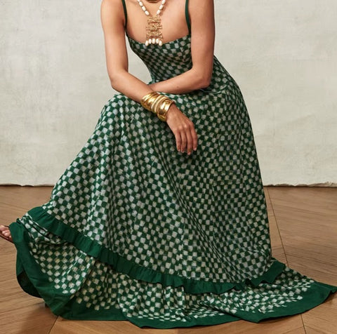 New board Print Ruffles Trim Flowy Strap Maxi Long Dress CODE: KAR4583