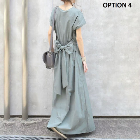New Fashion Back Lace-up Bow Short-sleeved Long Dress CODE: KAR4594