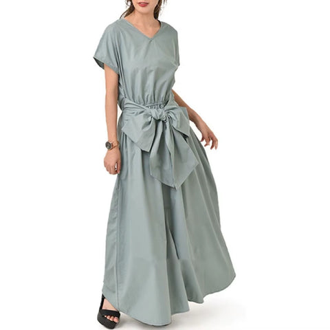 New Fashion Back Lace-up Bow Short-sleeved Long Dress CODE: KAR4594