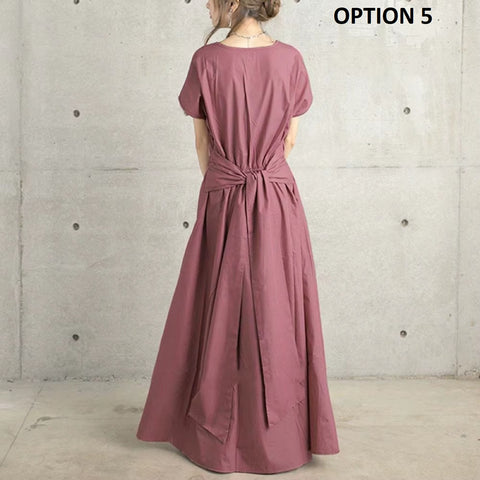 New Fashion Back Lace-up Bow Short-sleeved Long Dress CODE: KAR4594