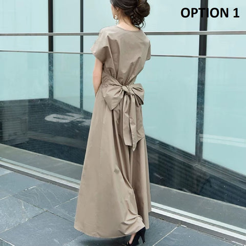 New Fashion Back Lace-up Bow Short-sleeved Long Dress CODE: KAR4594