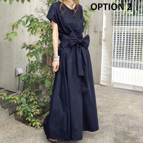New Fashion Back Lace-up Bow Short-sleeved Long Dress CODE: KAR4594