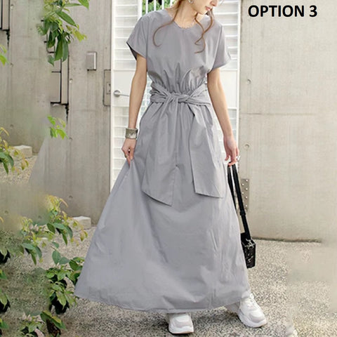 New Fashion Back Lace-up Bow Short-sleeved Long Dress CODE: KAR4594