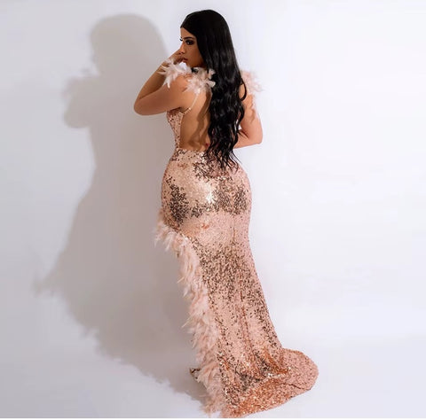 New Sequined Spaghetti Strap Feather Sexy Party Long Dress CODE: KAR4602