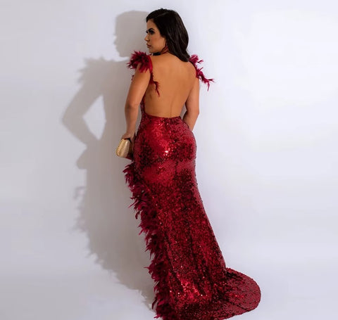 New Sequined Spaghetti Strap Feather Sexy Party Long Dress CODE: KAR4602