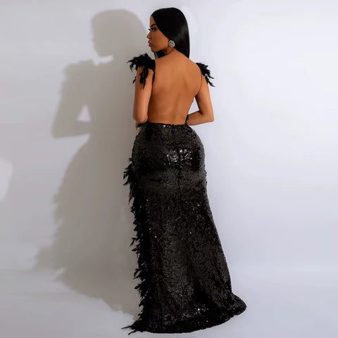 New Sequined Spaghetti Strap Feather Sexy Party Long Dress CODE: KAR4602