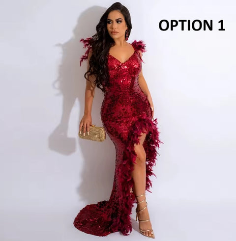 New Sequined Spaghetti Strap Feather Sexy Party Long Dress CODE: KAR4602
