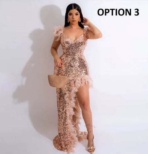 New Sequined Spaghetti Strap Feather Sexy Party Long Dress CODE: KAR4602