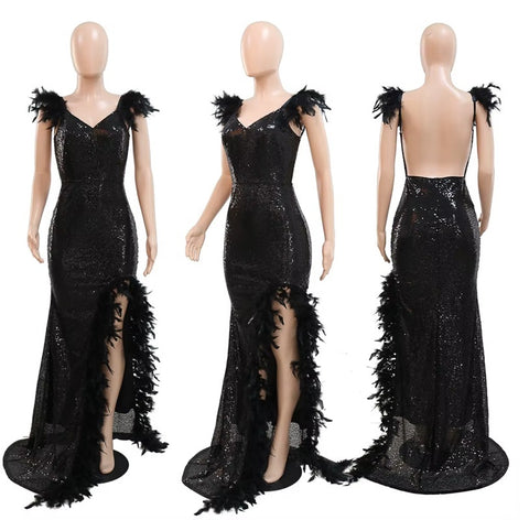 New Sequined Spaghetti Strap Feather Sexy Party Long Dress CODE: KAR4602
