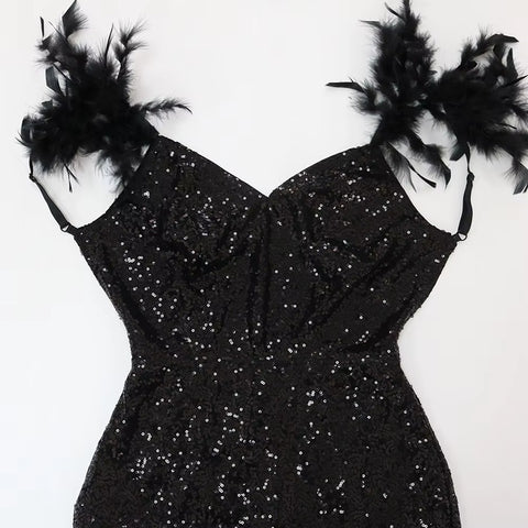 New Sequined Spaghetti Strap Feather Sexy Party Long Dress CODE: KAR4602