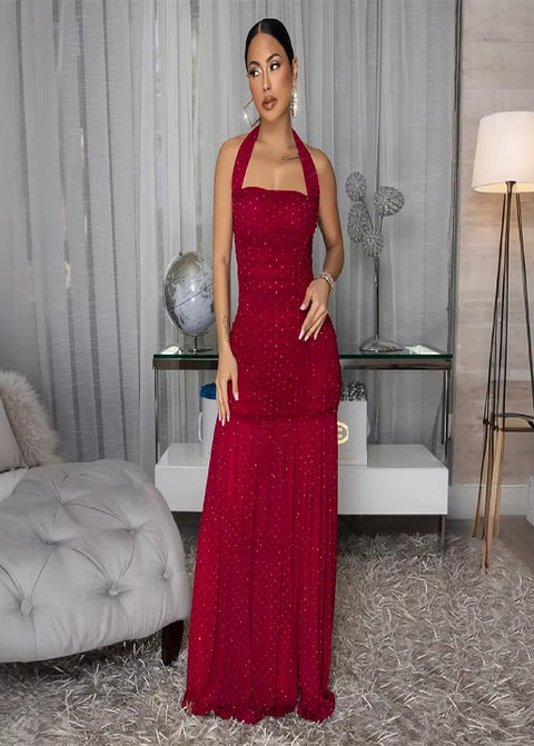 New Fashion Sleeveless Halter Mesh Diamonds Sparkly Long Maxi Dress CODE: KAR4603