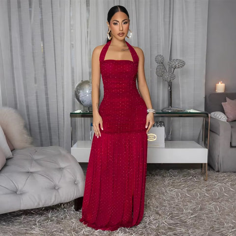 New Fashion Sleeveless Halter Mesh Diamonds Sparkly Long Maxi Dress CODE: KAR4603