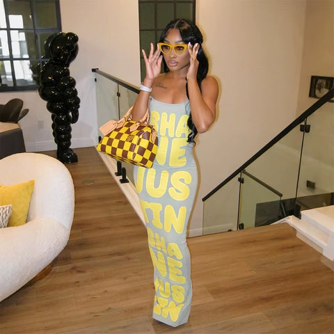 New Letter Print Bodycon Spaghetti Strap Long Dresses CODE: KAR4605