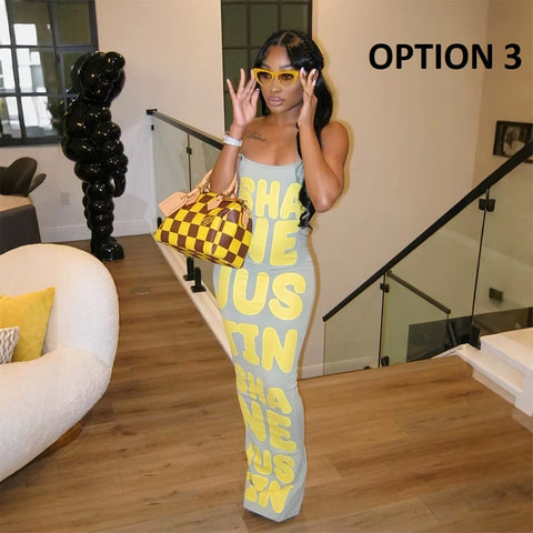 New Letter Print Bodycon Spaghetti Strap Long Dresses CODE: KAR4605