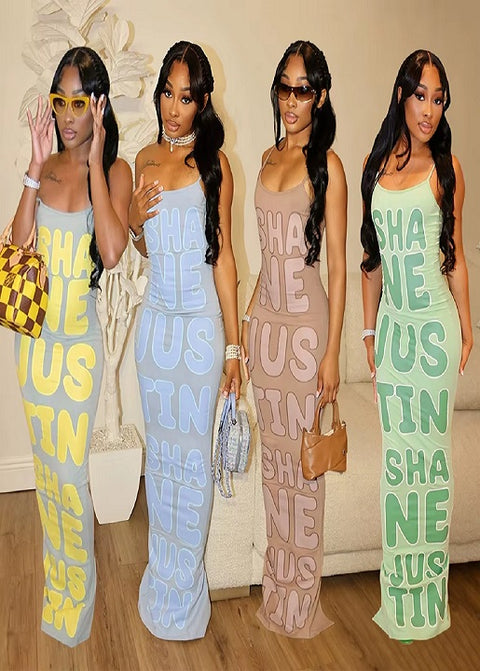 New Letter Print Bodycon Spaghetti Strap Long Dresses CODE: KAR4605