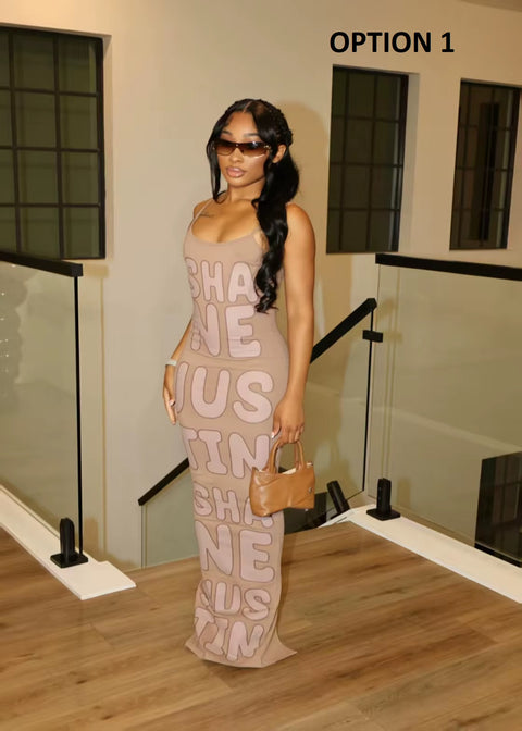 New Letter Print Bodycon Spaghetti Strap Long Dresses CODE: KAR4605