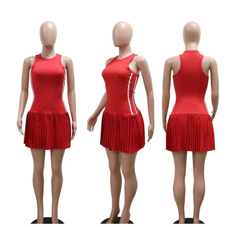 New Sleeveless Side Striped Stretch Pleated Short Dress CODE: KAR4606