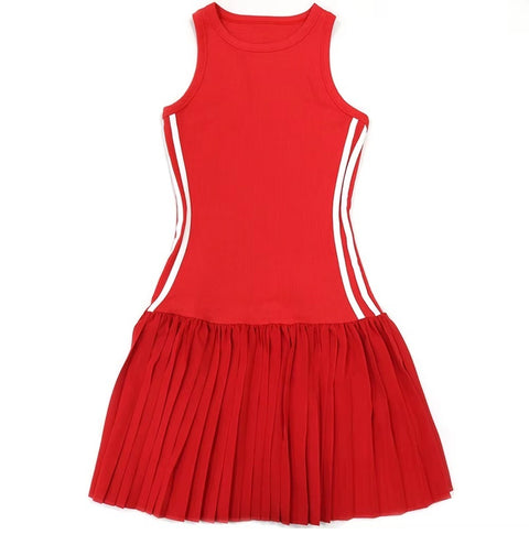New Sleeveless Side Striped Stretch Pleated Short Dress CODE: KAR4606