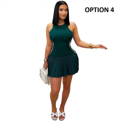 New Sleeveless Side Striped Stretch Pleated Short Dress CODE: KAR4606