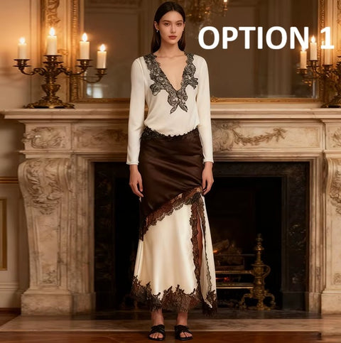 New V-neck Lace Patchwork Long Sleeve 2 Piece Set CODE: KAR4610