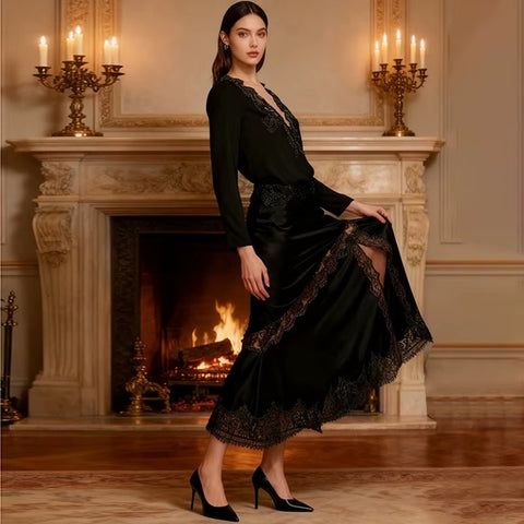 New V-neck Lace Patchwork Long Sleeve 2 Piece Set CODE: KAR4610